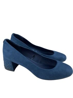 Anne Klein Women's Hillin Pumps 9M Navy Faux Suede Rhinestone Block Heel Slip-On